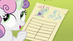 Size: 1280x720 | Tagged: safe, derpibooru import, screencap, sweetie belle, surf and/or turf, list, magic, mount aris, pencil, seaquestria, solo, telekinesis