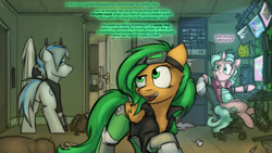 Size: 1280x720 | Tagged: safe, artist:captainhoers, derpibooru import, oc, oc only, oc:atom smasher, oc:candy chip, oc:throttle track, cyborg, earth pony, pegasus, pony, unicorn, the sunjackers, canterlot, cyberpunk, female, male, mare, new canterlot, stallion