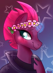 Size: 931x1280 | Tagged: safe, artist:therainbowtroll, derpibooru import, tempest shadow, pony, unicorn, abstract background, blushing, broken horn, cute, eye scar, female, floral head wreath, flower, flower in hair, horn, magic, mare, scar, smiling, solo, stars