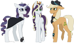 Size: 1605x949 | Tagged: safe, artist:sychia, derpibooru import, mean applejack, mean rarity, oc, oc:rotten core, earth pony, pony, unicorn, the mean 6, bandage, bandana, cape, clone, clothes, commission, cowboy hat, eyeshadow, family, female, hat, icey-verse, lesbian, magical lesbian spawn, makeup, mare, mean rarijack, messy mane, mother and child, mother and daughter, next generation, offspring, parent and child, parent:mean applejack, parent:mean rarity, parents:mean rarijack, shipping, simple background, tape, transparent background