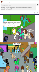 Size: 1332x2419 | Tagged: safe, artist:ask-luciavampire, artist:ponys-university, derpibooru import, oc, earth pony, pegasus, pony, undead, unicorn, vampire, vampony, ask, mall, tumblr, tumblr:ask-ponys-university