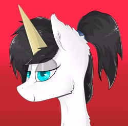 Size: 5496x5408 | Tagged: safe, artist:waffletheheadmare, derpibooru import, oc, oc only, oc:wafflehead, pony, absurd resolution, black hair, black mane, blue eyes, bust, ear fluff, eyelashes, eyeshadow, female, fluffy, hair tie, ice cream cone, lidded eyes, makeup, mare, portrait, simple background, smiling, waffle cone, wafflecorn