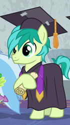 Size: 350x626 | Tagged: safe, derpibooru import, screencap, sandbar, silverstream, spike, dragon, earth pony, pony, school raze, cropped, discovery family logo, graduation cap, hat, male, offscreen character, smiling, teenager, winged spike