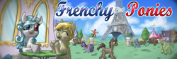 Size: 1500x500 | Tagged: safe, artist:metyknight, derpibooru import, oc, oc only, oc:flora prima, earth pony, pegasus, pony, unicorn, banner, drink, drinking, eiffel tower, flying, france, french, frenchy-ponies, house, sitting, smiling, talking, walking
