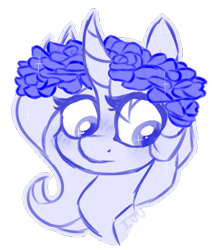 Size: 498x575 | Tagged: safe, artist:drunkencoffee, derpibooru import, oc, pony, unicorn, female, floral head wreath, flower, mare, monochrome, solo