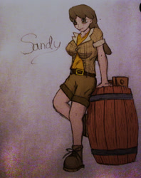 Size: 794x1005 | Tagged: safe, artist:zenozine, derpibooru import, mjölna, human, ask sandy pony, barrel, clothes, humanized, solo, traditional art