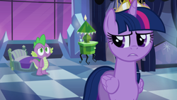 Size: 1920x1080 | Tagged: safe, derpibooru import, screencap, spike, twilight sparkle, twilight sparkle (alicorn), alicorn, dragon, pony, equestria girls, equestria girls (movie), big crown thingy, crown, crystal, jewelry, lamp, pillow, regalia