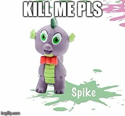 Size: 354x329 | Tagged: safe, derpibooru import, spike, dragon, bootleg, bowtie, cake topper, caption, faic, image macro, irl, kill me, male, meme, photo, solo, text, toy, wat