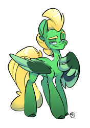 Size: 1518x2160 | Tagged: safe, artist:kez, derpibooru import, oc, oc only, oc:omega, pegasus, pony, blue eyes, green coat, simple background, smug, solo, transparent background, wing gesture, wings, yellow hair