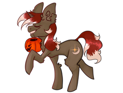 Size: 1600x1200 | Tagged: safe, artist:emma7335, derpibooru import, oc, oc only, oc:silver prose, pony, unicorn, colt, eyes closed, halloween, halloween 2018, happy, holiday, male, mouth hold, prancing, pumpkin bucket, raised leg, simple background, smiling, walking, white background