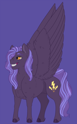 Size: 900x1431 | Tagged: safe, artist:ganashiashaka, derpibooru import, oc, oc:lightning spark, pegasus, pony, female, mare, offspring, parent:clear skies, parent:thunderlane, purple background, simple background, solo