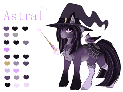 Size: 1194x895 | Tagged: safe, artist:lunawolf28, derpibooru import, oc, oc:astral, bird, pony, clothes, female, hat, magic wand, mare, reference sheet, simple background, socks, solo, transparent background, witch hat