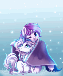 Size: 1000x1196 | Tagged: safe, artist:cabbage-arts, derpibooru import, oc, oc only, anthro, classical unicorn, pony, unguligrade anthro, unicorn, animated, anthro with ponies, barely animated, blanket, broken horn, cloven hooves, cuddling, curved horn, gif, horn, hug, leonine tail, smiling, snow, unshorn fetlocks