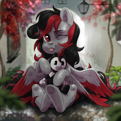 Size: 3000x3000 | Tagged: safe, artist:hollybright, derpibooru import, oc, oc only, oc:emma, pegasus, pony, bendy, bendy and the ink machine, cute, female, long hair, long mane, long tail, mare, one eye closed, plushie, red and black oc, red eyes, shading, sitting, solo, tongue out, toy, wings, wings down, wink