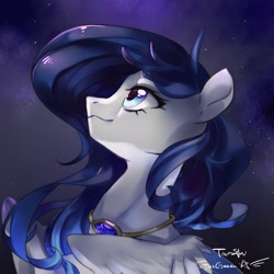 Size: 2480x2480 | Tagged: safe, artist:tingsan, derpibooru import, oc, oc only, oc:star gazer, pegasus, pony, female, jewelry, looking up, mare, necklace, night, night sky, signature, sky, smiling, solo, space, stars