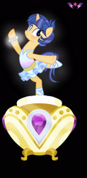 Size: 1024x2088 | Tagged: safe, artist:beikiart, derpibooru import, oc, oc only, oc:shale sparkle, pony, ballerina, ballet, black background, bracelet, clothes, jewelry, music box, offspring, on one leg, parent:flash sentry, parent:twilight sparkle, parents:flashlight, simple background, tutu