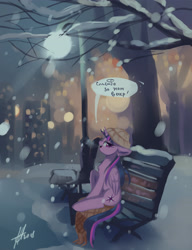 Size: 2700x3520 | Tagged: safe, artist:xjenn9, derpibooru import, twilight sparkle, twilight sparkle (alicorn), alicorn, pony, bench, cyrillic, dialogue, female, hat, mare, russian, sitting, smiling, snow, snowfall, solo, speech bubble, streetlight, translated in the comments, tree