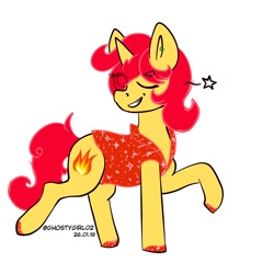 Size: 2000x2000 | Tagged: safe, artist:ghostygirl01, artist:ghostygirl02, derpibooru import, oc, oc only, oc:flame chaser, pony, unicorn, alternate universe, clothes, ear piercing, earring, jewelry, one eye closed, piercing, raised leg, shoes, simple background, solo, sparkles, white background, wink