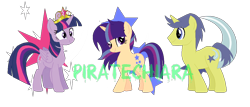 Size: 1238x532 | Tagged: safe, artist:piratechiara, derpibooru import, comet tail, twilight sparkle, twilight sparkle (alicorn), oc, alicorn, big crown thingy, cometlight, family, female, jewelry, male, offspring, parent:comet tail, parent:twilight sparkle, parents:cometlight, regalia, shipping, simple background, straight, transparent background