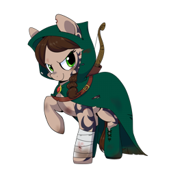 Size: 2000x2000 | Tagged: safe, artist:inkie-heart, derpibooru import, oc, oc only, pony, archer, bandage, bandaged leg, belt, bow (weapon), brown hair, buck legacy, cloak, clothes, dirty, fantasy class, green eyes, leather boots, looking at you, ponytail, ranger, scar, scarred, simple background, solo, tattoo, transparent background, tribal tattoo, weapon