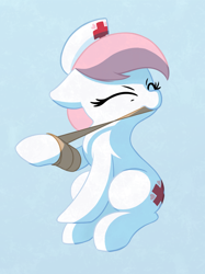 Size: 1020x1365 | Tagged: safe, artist:masserey, derpibooru import, nurse redheart, earth pony, pony, bandage, cute, female, floppy ears, heartabetes, injured, mare, nurse, simple background, solo