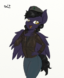 Size: 1000x1200 | Tagged: safe, artist:achmeddb, derpibooru import, oc, oc only, oc:mir, anthro, pegasus, anthro oc, beret, bomber jacket, clothes, female, hat, haughty, jacket, laughing, posh, solo, sophisticated as hell