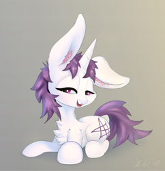 Size: 1670x1724 | Tagged: safe, artist:xbi, derpibooru import, oc, oc only, oc:lapush buns, pony, unicorn, bunny ears, bunnycorn, gradient background, looking at you, male, prone, smiling, solo, stallion