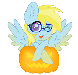 Size: 2338x2275 | Tagged: safe, artist:superanina, derpibooru import, oc, oc only, oc:cloud cuddler, pegasus, pony, crossed hooves, ear fluff, female, glasses, halloween, holiday, jack-o-lantern, one eye closed, open mouth, pumpkin, simple background, solo, transparent background, ych result