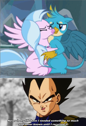 Size: 640x942 | Tagged: safe, derpibooru import, edit, screencap, gallus, silverstream, griffon, hippogriff, what lies beneath, broly the legendary super saiyan, dragonball z abridged, dragonball z abridged movie broly, female, gallstream, male, shipping, straight, vegeta