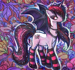 Size: 875x814 | Tagged: safe, artist:eggpop, derpibooru import, oc, oc only, oc:blackjack, pony, unicorn, fallout equestria, fallout equestria: project horizons, bat wings, choker, clothes, socks, solo, striped socks, traditional art, wings