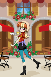 Size: 800x1200 | Tagged: safe, artist:twilite-sparkleplz, derpibooru import, oc, oc only, oc:mandarine mélange, equestria girls, boots, clothes, cuphead, cuphead (character), cute, high heel boots, leggings, miniskirt, moe, ms. chalice, mugman, shoes, skirt, solo, waitress