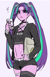 Size: 666x1024 | Tagged: safe, artist:idolize_341, derpibooru import, aria blaze, equestria girls, belly button, cellphone, clothes, female, jacket, looking at you, midriff, nail polish, phone, pigtails, shorts, simple background, solo, twintails, white background