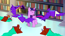 Size: 1440x809 | Tagged: safe, derpibooru import, screencap, twilight sparkle, twilight sparkle (alicorn), alicorn, pony, do princesses dream of magic sheep, bat wings, book, bookshelf, dream, eyes closed, female, flying, flying books, mare, monster, monster book, nightmare, slime trail, wings