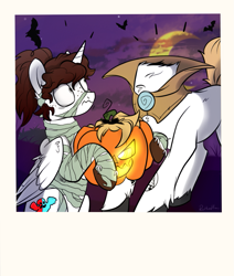 Size: 809x954 | Tagged: safe, artist:rutkotka, derpibooru import, oc, oc:jezebel, alicorn, headless horse, pony, alicorn oc, clothes, commission, costume, funny, halloween, halloween costume, headless, holiday, jack-o-lantern, mummy, night, pumpkin, scared, wavy mouth