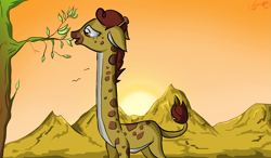 Size: 2685x1566 | Tagged: safe, artist:zsparkonequus, derpibooru import, clementine, giraffe, eating, herbivore, solo, sunset