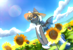 Size: 4000x2777 | Tagged: safe, artist:aphphphphp, derpibooru import, oc, oc only, oc:midnight rush, bat pony, pony, bat pony oc, bat wings, beautiful, clothes, cloud, commission, day, digital art, female, flower, flying, hat, high res, mare, sky, smiling, spread wings, sunflower, wings, ych result