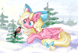 Size: 1764x1194 | Tagged: safe, artist:sharly, derpibooru exclusive, derpibooru import, oc, oc only, oc:bay breeze, bird, pegasus, pony, bow, bullfinch, cute, female, hair bow, mare, open mouth, prone, sketch, snow, tail bow, tree, winter