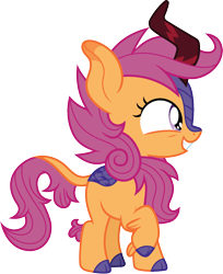 Size: 980x1200 | Tagged: safe, artist:cloudyglow, derpibooru import, scootaloo, kirin, sounds of silence, cloven hooves, colored hooves, cute, cutealoo, female, filly, foal, grin, kirin-ified, kirinbetes, one hoof raised, raised hoof, simple background, smiling, solo, species swap, standing, transparent background