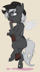 Size: 832x1506 | Tagged: safe, artist:marsminer, derpibooru import, oc, oc only, oc:silver lies, changeling, female, gun, solo, unsafe weapon handling, weapon, white changeling