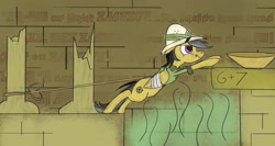 Size: 1280x683 | Tagged: safe, artist:sixes&sevens, derpibooru import, daring do, pegasus, pony, bowl, female, hat, injured wing, inktober, inktober 2018, pillar, rope, solo, tongue out