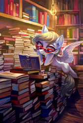 Size: 1800x2666 | Tagged: safe, artist:holivi, derpibooru import, oc, oc only, pegasus, pony, book, bookshelf, female, glasses, mare, prone, reading, smiling, solo, that pony sure does love books