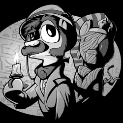Size: 2000x2000 | Tagged: safe, artist:petirep, derpibooru import, oc, oc only, pony, snake, bandage, black and white, buck legacy, candle, card art, egyptian, facial hair, grayscale, hat, hieroglyphics, male, monochrome, monocle, moustache, mummy, muttonchops, pith helmet, uraeus