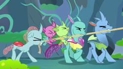 Size: 1280x720 | Tagged: safe, derpibooru import, screencap, ocellus, changedling, changeling, the hearth's warming club, eyes closed, mouth hold, pulling, rope, straining