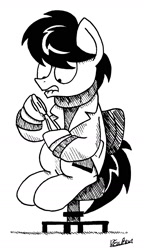 Size: 982x1709 | Tagged: safe, artist:bobthedalek, derpibooru import, oc, oc only, oc:kettle master, earth pony, pony, chair, clothes, ink drawing, inktober, jacket, knife, lineart, lip bite, monochrome, sweater, traditional art