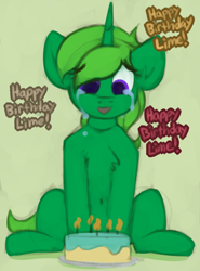 Size: 754x1021 | Tagged: safe, artist:marsminer, derpibooru import, oc, oc only, oc:lime dream, pony, unicorn, cake, celebrating, celebration, chest fluff, crying, food, happy, happy birthday, offscreen character, solo, tears of joy