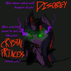 Size: 250x250 | Tagged: safe, artist:sinsays, derpibooru import, part of a series, part of a set, twilight sparkle, unicorn twilight, pony, unicorn, animated, ask corrupted twilight sparkle, caption, color change, corrupted, corrupted element of harmony, corrupted element of magic, corrupted twilight sparkle, crown, curved horn, dark, dark equestria, dark magic, dark queen, dark world, darkened coat, darkened hair, female, gif, gif for breezies, gif with captions, hoof shoes, horn, insanity, jewelry, magic, necklace, picture for breezies, psychotic, psychotic twilight sparkle, queen twilight, regalia, solo, sombra empire, sombra eyes, sombra horn, tiara, tumblr, tumblr:ask corrupted twilight sparkle, tyrant sparkle