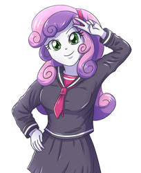 Size: 1024x1257 | Tagged: safe, artist:sumin6301, derpibooru import, sweetie belle, equestria girls, clothes, female, looking at you, peace sign, sailor uniform, school uniform, simple background, skirt, smiling, solo, white background