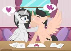 Size: 4888x3510 | Tagged: safe, artist:raspberrystudios, derpibooru import, oc, oc only, oc:assetto-forza massimo, oc:shouka, alicorn, pegasus, pony, alicorn oc, doodles, drawing, heart, pictogram, shipping