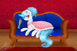 Size: 1024x678 | Tagged: safe, artist:ayame-shiro, derpibooru import, oc, oc only, oc:flora prima, alternate hairstyle, cute, drink, drinking, flower, french, frenchy-ponies, magic, magic aura, ponytail, sitting, sofa, solo