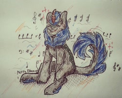 Size: 2183x1752 | Tagged: safe, artist:cactus-control, derpibooru import, oc, kirin, blue hair, eyes closed, happy, kirin oc, music notes, open mouth, simple background, singing, sitting, traditional art